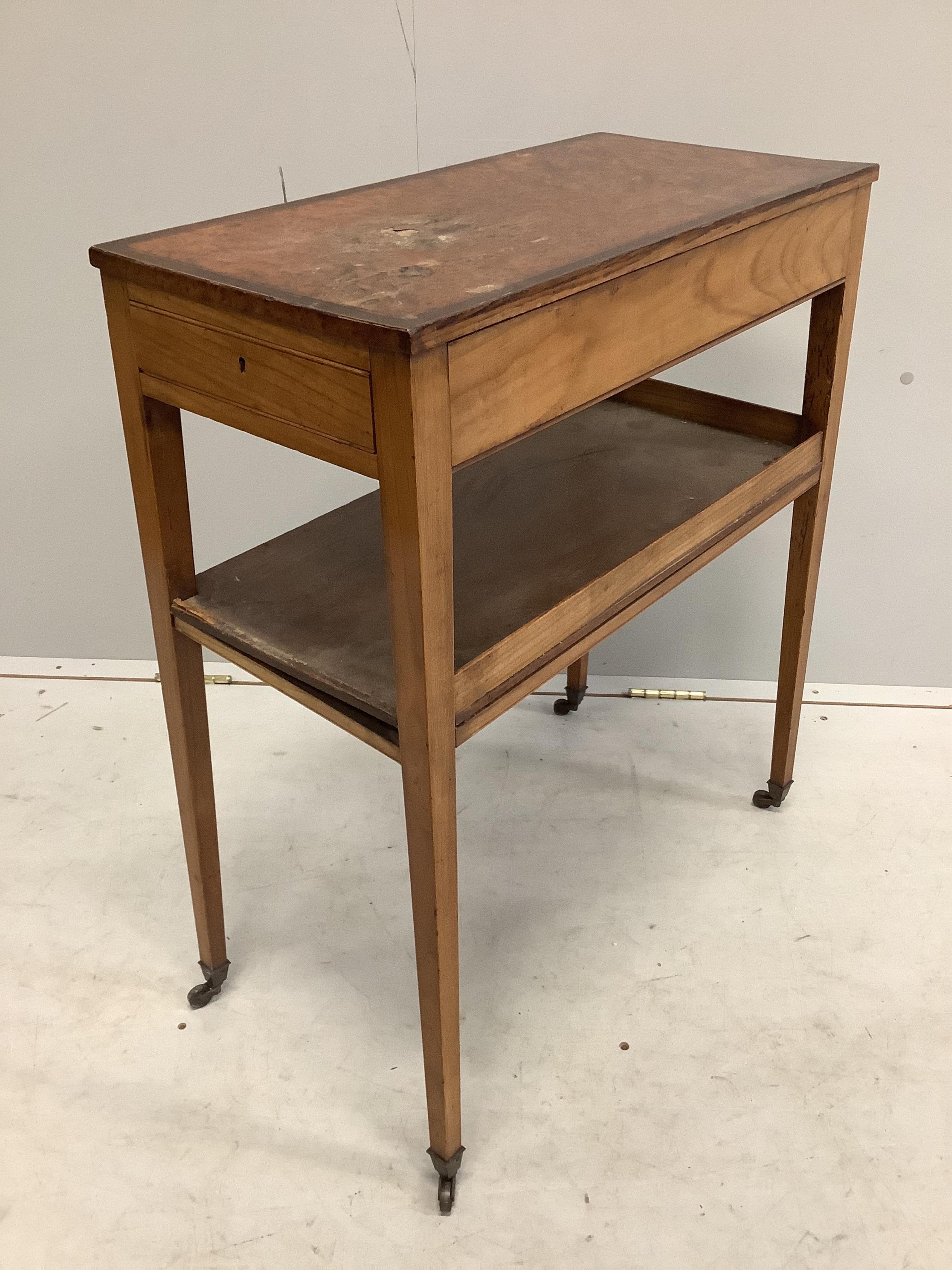 A George III amboyna and satinwood two occasional table, width 62cm, depth 31cm, height 74cm. Condition - poor